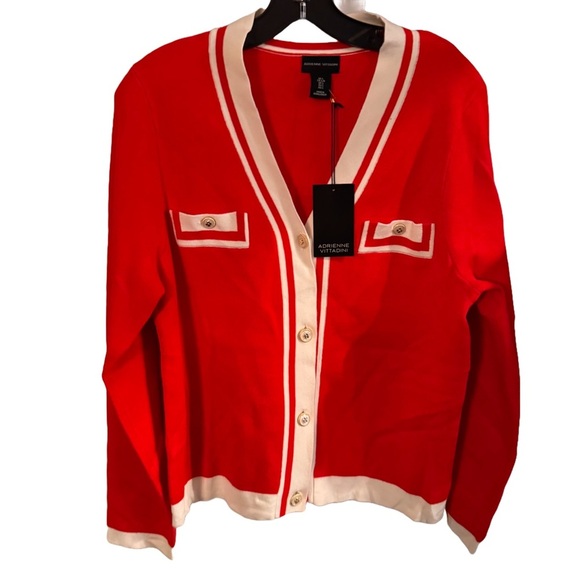 Adrienne Vittadini Sweater Womens Size L Red Button Up V-Neck White Trim NEW - Picture 1 of 11
